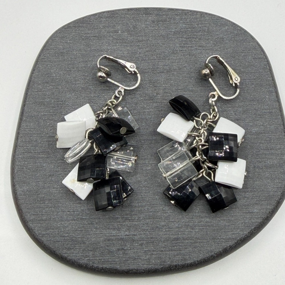 Black White Clear Beaded Cluster Clip On Dangle Earrings Silver Tone Statement